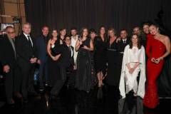 SANTA MONICA, CALIFORNIA - JANUARY 14: (L-R) Charles Roven, Christopher Nolan, Scott R. Fisher, Luisa Abel, Cillian Murphy, Robert Downey Jr., Alden Ehrenreich, Emma Thomas, Jaime Leigh McIntosh, Ruth De Jong, Claire Kaufman, David Krumholtz, Jennifer Lame, Hoyte van Hoytema, Ludwig G?ransson, and Emily Blunt, winners of the Best Picture Award for 'Oppenheimer,' pose in the press room during the 29th Annual Critics Choice Awards at Barker Hangar on January 14, 2024 in Santa Monica, California. (Photo by Kevin Mazur/Getty Images for Critics Choice Association)