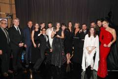 SANTA MONICA, CALIFORNIA - JANUARY 14: (L-R) Charles Roven, Christopher Nolan, Scott R. Fisher, Luisa Abel, Cillian Murphy, Robert Downey Jr., Alden Ehrenreich, Emma Thomas, Jaime Leigh McIntosh, Ruth De Jong, Claire Kaufman, David Krumholtz, Jennifer Lame, Hoyte van Hoytema, Ludwig G?ransson, and Emily Blunt, winners of the Best Picture Award for 'Oppenheimer,' pose in the press room during the 29th Annual Critics Choice Awards at Barker Hangar on January 14, 2024 in Santa Monica, California. (Photo by Kevin Mazur/Getty Images for Critics Choice Association)