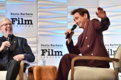 Leonard Maltin and Robert Downey Jr. speak onstage at the Santa Barbara International Film Festival Maltin Modern Master Award Honoring Robert Downey Jr. held at The Arlington Theatre on February 9, 2024 in Santa Barbara, California. (Photo by Lisa O'Connor/Variety via Getty Images)