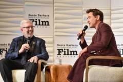 Leonard Maltin and Robert Downey Jr. speak onstage at the Santa Barbara International Film Festival Maltin Modern Master Award Honoring Robert Downey Jr. held at The Arlington Theatre on February 9, 2024 in Santa Barbara, California. (Photo by Lisa O'Connor/Variety via Getty Images)