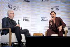 SANTA BARBARA, CALIFORNIA - FEBRUARY 09: (L-R) Leonard Maltin and honoree Robert Downey Jr. speak onstage at the Maltin Modern Master Award ceremony during the 39th Annual Santa Barbara International Film Festival at The Arlington Theatre on February 09, 2024 in Santa Barbara, California. (Photo by Rebecca Sapp/Getty Images for SBIFF)