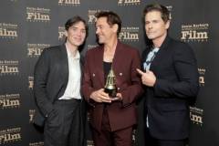 SANTA BARBARA, CALIFORNIA - FEBRUARY 09: (L-R) Cillian Murphy, honoree Robert Downey Jr., and Rob Lowe pose with the Maltin Modern Master Award during the 39th Annual Santa Barbara International Film Festival at The Arlington Theatre on February 09, 2024 in Santa Barbara, California. (Photo by Rebecca Sapp/Getty Images for SBIFF)