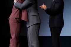 SANTA BARBARA, CALIFORNIA - FEBRUARY 09: Rob Lowe (R) and Cillian Murphy (C) present Robert Downey Jr. (L) with the Maltin Modern Master Award during the 39th Annual Santa Barbara International Film Festival on February 09, 2024 in Santa Barbara, California. (Photo by Tibrina Hobson/Getty Images for SBIFF)
