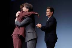 SANTA BARBARA, CALIFORNIA - FEBRUARY 09: Rob Lowe (R) and Cillian Murphy (C) present Robert Downey Jr. (L) with the Maltin Modern Master Award during the 39th Annual Santa Barbara International Film Festival on February 09, 2024 in Santa Barbara, California. (Photo by Tibrina Hobson/Getty Images for SBIFF)