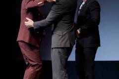 SANTA BARBARA, CALIFORNIA - FEBRUARY 09: Rob Lowe (R) and Cillian Murphy (C) present Robert Downey Jr. (L) with the Maltin Modern Master Award during the 39th Annual Santa Barbara International Film Festival on February 09, 2024 in Santa Barbara, California. (Photo by Tibrina Hobson/Getty Images for SBIFF)