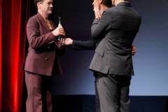 SANTA BARBARA, CALIFORNIA - FEBRUARY 09: Rob Lowe (R) and Cillian Murphy (C) present Robert Downey Jr. (L) with the Maltin Modern Master Award during the 39th Annual Santa Barbara International Film Festival on February 09, 2024 in Santa Barbara, California. (Photo by Tibrina Hobson/Getty Images for SBIFF)