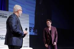 SANTA BARBARA, CALIFORNIA - FEBRUARY 09: Leonard Maltin and Robert Downey Jr. speak onstage at the Maltin Modern Master Award during the 39th Annual Santa Barbara International Film Festival on February 09, 2024 in Santa Barbara, California. (Photo by Tibrina Hobson/Getty Images for SBIFF)