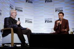 SANTA BARBARA, CALIFORNIA - FEBRUARY 09: Leonard Maltin and Robert Downey Jr. speak onstage at the Maltin Modern Master Award during the 39th Annual Santa Barbara International Film Festival on February 09, 2024 in Santa Barbara, California. (Photo by Tibrina Hobson/Getty Images for SBIFF)