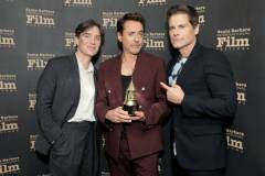 SANTA BARBARA, CALIFORNIA - FEBRUARY 09: (L-R) Cillian Murphy, honoree Robert Downey Jr., and Rob Lowe pose with the Maltin Modern Master Award during the 39th Annual Santa Barbara International Film Festival at The Arlington Theatre on February 09, 2024 in Santa Barbara, California. (Photo by Rebecca Sapp/Getty Images for SBIFF)