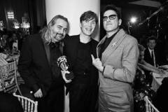 LONDON, ENGLAND - FEBRUARY 18: (EDITORS NOTE: Image has been converted to black and white) (L to R) Hoyte van Hoytema, Cillian Murphy and Robert Downey Jr. attend the EE BAFTA Film Awards 2024 Dinner at The Royal Festival Hall on February 18, 2024 in London, England. (Photo by Dave Benett/BAFTA/Getty Images for BAFTA)