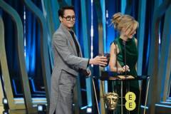 LONDON, ENGLAND - FEBRUARY 18: Robert Downey Jr. accepts the Supporting Actor Award for 'Oppenheimer' on stage during the EE BAFTA Film Awards 2024 at The Royal Festival Hall on February 18, 2024 in London, England. (Photo by Kate Green/BAFTA/Getty Images for BAFTA)