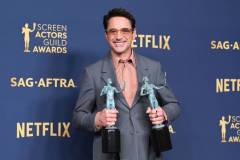 Robert Downey Jr. wins the awards for Outstanding Performance by a Male Actor in a Leading Role in a Motion Picture and Outstanding Performance by a Cast in a Motion Picture for "Oppenheimer" at the 30th Annual Screen Actors Guild Awards held at the Shrine Auditorium and Expo Hall on February 24, 2024 in Los Angeles, California. (Photo by Gilbert Flores/Variety via Getty Images)