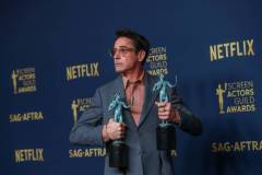 Los Angeles, CA - February 24: Robert Downey, Jr., winner in the Male Actor in a Supporting Role - Motion Picture and Motion Picture Ensemble categories in the deadline room at the 30th Screen Actors Guild Awards in Shrine Auditorium and Expo Hall in Los Angeles, CA, Saturday, Feb. 24, 2024. (Mel Melcon / Los Angeles Times via Getty Images)