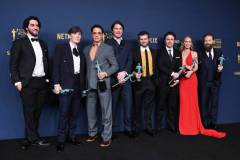 Cillian Murphy, Robert Downey Jr., Josh Hartnett, Alden Ehrenreich, Casey Affleck, Emily Blunt and Kenneth Branagh win the award for Outstanding Performance by a Cast in a Motion Picture for "Oppenheimer" at the 30th Annual Screen Actors Guild Awards held at the Shrine Auditorium and Expo Hall on February 24, 2024 in Los Angeles, California. (Photo by Gilbert Flores/Variety via Getty Images)