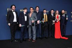 Cillian Murphy, Robert Downey Jr., Josh Hartnett, Alden Ehrenreich, Casey Affleck, Emily Blunt and Kenneth Branagh win the award for Outstanding Performance by a Cast in a Motion Picture for "Oppenheimer" at the 30th Annual Screen Actors Guild Awards held at the Shrine Auditorium and Expo Hall on February 24, 2024 in Los Angeles, California. (Photo by Gilbert Flores/Variety via Getty Images)