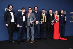 Cillian Murphy, Robert Downey Jr., Josh Hartnett, Alden Ehrenreich, Casey Affleck, Emily Blunt and Kenneth Branagh win the award for Outstanding Performance by a Cast in a Motion Picture for "Oppenheimer" at the 30th Annual Screen Actors Guild Awards held at the Shrine Auditorium and Expo Hall on February 24, 2024 in Los Angeles, California. (Photo by Gilbert Flores/Variety via Getty Images)