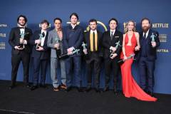 Cillian Murphy, Robert Downey Jr., Josh Hartnett, Alden Ehrenreich, Casey Affleck, Emily Blunt and Kenneth Branagh win the award for Outstanding Performance by a Cast in a Motion Picture for "Oppenheimer" at the 30th Annual Screen Actors Guild Awards held at the Shrine Auditorium and Expo Hall on February 24, 2024 in Los Angeles, California. (Photo by Gilbert Flores/Variety via Getty Images)