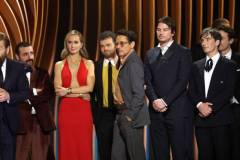 LOS ANGELES, CALIFORNIA - FEBRUARY 24: (L-R) David Krumholtz, Emily Blunt, Alden Ehrenreich, Robert Downey Jr., Josh Hartnett, and Cillian Murphy accept the Outstanding Performance by a Cast in a Motion Picture award for 'Oppenheimer' onstage during the 30th Annual Screen Actors Guild Awards at Shrine Auditorium and Expo Hall on February 24, 2024 in Los Angeles, California. (Photo by Matt Winkelmeyer/Getty Images)