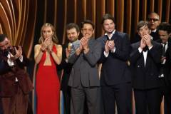 LOS ANGELES, CALIFORNIA - FEBRUARY 24: (L-R) David Krumholtz, Emily Blunt, Alden Ehrenreich, Robert Downey Jr., Josh Hartnett, and Cillian Murphy accept the Outstanding Performance by a Cast in a Motion Picture award for 'Oppenheimer' onstage during the 30th Annual Screen Actors Guild Awards at Shrine Auditorium and Expo Hall on February 24, 2024 in Los Angeles, California. (Photo by Matt Winkelmeyer/Getty Images)