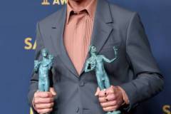 LOS ANGELES, CALIFORNIA - FEBRUARY 24: Robert Downey Jr., winner of the Outstanding Performance by a Male Actor in a Supporting Role award and the Outstanding Performance by a Cast in a Motion Picture award for 'Oppenheimer' poses in the press room during the 30th Annual Screen Actors Guild Awards at Shrine Auditorium and Expo Hall on February 24, 2024 in Los Angeles, California. (Photo by Amy Sussman/WireImage)