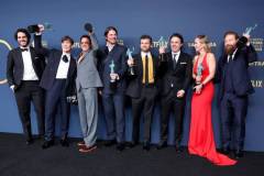 LOS ANGELES, CALIFORNIA - FEBRUARY 24: (L-R) Benny Safdie, Cillian Murphy, Robert Downey Jr., Josh Hartnett, Alden Ehrenreich, Casey Affleck, Emily Blunt and Kenneth Branagh, winner of the Outstanding Performance by a Cast in a Motion Picture award for 'Oppenheimer' pose in the press room during the 30th Annual Screen Actors Guild Awards at Shrine Auditorium and Expo Hall on February 24, 2024 in Los Angeles, California. (Photo by Amy Sussman/WireImage)