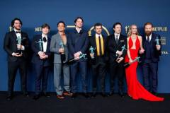 LOS ANGELES, CALIFORNIA - FEBRUARY 24: (L-R) Benny Safdie, Cillian Murphy, Robert Downey Jr., Josh Hartnett, Alden Ehrenreich, Casey Affleck, Emily Blunt and Kenneth Branagh, winner of the Outstanding Performance by a Cast in a Motion Picture award for 'Oppenheimer' pose in the press room during the 30th Annual Screen Actors Guild Awards at Shrine Auditorium and Expo Hall on February 24, 2024 in Los Angeles, California. (Photo by Frazer Harrison/Getty Images)
