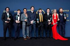 LOS ANGELES, CALIFORNIA - FEBRUARY 24: (L-R) Benny Safdie, Cillian Murphy, Robert Downey Jr., Josh Hartnett, Alden Ehrenreich, Casey Affleck, Emily Blunt and Kenneth Branagh, winner of the Outstanding Performance by a Cast in a Motion Picture award for 'Oppenheimer' pose in the press room during the 30th Annual Screen Actors Guild Awards at Shrine Auditorium and Expo Hall on February 24, 2024 in Los Angeles, California. (Photo by Frazer Harrison/Getty Images)