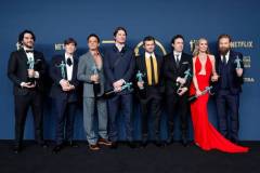LOS ANGELES, CALIFORNIA - FEBRUARY 24: (L-R) Benny Safdie, Cillian Murphy, Robert Downey Jr., Josh Hartnett, Alden Ehrenreich, Casey Affleck, Emily Blunt and Kenneth Branagh, winner of the Outstanding Performance by a Cast in a Motion Picture award for 'Oppenheimer' pose in the press room during the 30th Annual Screen Actors Guild Awards at Shrine Auditorium and Expo Hall on February 24, 2024 in Los Angeles, California. (Photo by Frazer Harrison/Getty Images)