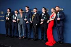 LOS ANGELES, CALIFORNIA - FEBRUARY 24: (L-R) Benny Safdie, Cillian Murphy, Robert Downey Jr., Josh Hartnett, Alden Ehrenreich, Casey Affleck, Emily Blunt and Kenneth Branagh, winner of the Outstanding Performance by a Cast in a Motion Picture award for 'Oppenheimer' pose in the press room during the 30th Annual Screen Actors Guild Awards at Shrine Auditorium and Expo Hall on February 24, 2024 in Los Angeles, California. (Photo by Frazer Harrison/Getty Images)