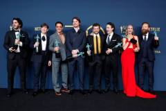 LOS ANGELES, CALIFORNIA - FEBRUARY 24: (L-R) Benny Safdie, Cillian Murphy, Robert Downey Jr., Josh Hartnett, Alden Ehrenreich, Casey Affleck, Emily Blunt and Kenneth Branagh, winner of the Outstanding Performance by a Cast in a Motion Picture award for 'Oppenheimer' pose in the press room during the 30th Annual Screen Actors Guild Awards at Shrine Auditorium and Expo Hall on February 24, 2024 in Los Angeles, California. (Photo by Frazer Harrison/Getty Images)