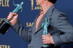 LOS ANGELES, CALIFORNIA - FEBRUARY 24: Robert Downey Jr., winner of the Outstanding Performance by a Male Actor in a Supporting Role award and the Outstanding Performance by a Cast in a Motion Picture award for 'Oppenheimer' poses in the press room during the 30th Annual Screen Actors Guild Awards at Shrine Auditorium and Expo Hall on February 24, 2024 in Los Angeles, California. (Photo by Frazer Harrison/Getty Images)