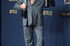 LOS ANGELES, CALIFORNIA - FEBRUARY 24: Robert Downey Jr., winner of the Outstanding Performance by a Male Actor in a Supporting Role award and the Outstanding Performance by a Cast in a Motion Picture award for 'Oppenheimer' poses in the press room during the 30th Annual Screen Actors Guild Awards at Shrine Auditorium and Expo Hall on February 24, 2024 in Los Angeles, California.  (Photo by Monica Schipper/FilmMagic)