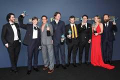 LOS ANGELES, CALIFORNIA - FEBRUARY 24: (L-R) Benny Safdie, Cillian Murphy, Robert Downey Jr., Josh Hartnett, Alden Ehrenreich, Casey Affleck, Emily Blunt and Kenneth Branagh, winner of the Outstanding Performance by a Cast in a Motion Picture award for 'Oppenheimer' pose in the press room during the 30th Annual Screen Actors Guild Awards at Shrine Auditorium and Expo Hall on February 24, 2024 in Los Angeles, California.  (Photo by Monica Schipper/FilmMagic)