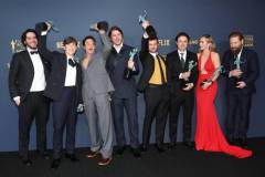 LOS ANGELES, CALIFORNIA - FEBRUARY 24: (L-R) Benny Safdie, Cillian Murphy, Robert Downey Jr., Josh Hartnett, Alden Ehrenreich, Casey Affleck, Emily Blunt and Kenneth Branagh, winner of the Outstanding Performance by a Cast in a Motion Picture award for 'Oppenheimer' pose in the press room during the 30th Annual Screen Actors Guild Awards at Shrine Auditorium and Expo Hall on February 24, 2024 in Los Angeles, California.  (Photo by Monica Schipper/FilmMagic)