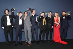 LOS ANGELES, CALIFORNIA - FEBRUARY 24: (L-R) Benny Safdie, Cillian Murphy, Robert Downey Jr., Josh Hartnett, Alden Ehrenreich, Casey Affleck, Emily Blunt and Kenneth Branagh, winner of the Outstanding Performance by a Cast in a Motion Picture award for 'Oppenheimer' pose in the press room during the 30th Annual Screen Actors Guild Awards at Shrine Auditorium and Expo Hall on February 24, 2024 in Los Angeles, California.  (Photo by Monica Schipper/FilmMagic)