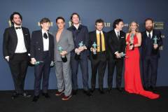 LOS ANGELES, CALIFORNIA - FEBRUARY 24: (L-R) Benny Safdie, Cillian Murphy, Robert Downey Jr., Josh Hartnett, Alden Ehrenreich, Casey Affleck, Emily Blunt and Kenneth Branagh, winner of the Outstanding Performance by a Cast in a Motion Picture award for 'Oppenheimer' pose in the press room during the 30th Annual Screen Actors Guild Awards at Shrine Auditorium and Expo Hall on February 24, 2024 in Los Angeles, California.  (Photo by Monica Schipper/FilmMagic)