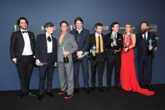 LOS ANGELES, CALIFORNIA - FEBRUARY 24: (L-R) Benny Safdie, Cillian Murphy, Robert Downey Jr., Josh Hartnett, Alden Ehrenreich, Casey Affleck, Emily Blunt and Kenneth Branagh, winner of the Outstanding Performance by a Cast in a Motion Picture award for 'Oppenheimer' pose in the press room during the 30th Annual Screen Actors Guild Awards at Shrine Auditorium and Expo Hall on February 24, 2024 in Los Angeles, California.  (Photo by Monica Schipper/FilmMagic)