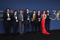 LOS ANGELES, CALIFORNIA - FEBRUARY 24: Benny Safdie, Cillian Murphy, Robert Downey Jr., Josh Hartnett, Alden Ehrenreich, Casey Affleck, Emily Blunt and Kenneth Branagh, winner of the Outstanding Performance by a Cast in a Motion Picture award for 'Oppenheimer' poses at the 30th Annual Screen Actors Guild Awards  at Shrine Auditorium and Expo Hall on February 24, 2024 in Los Angeles, California. (Photo by Steve Granitz/FilmMagic)