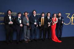 LOS ANGELES, CALIFORNIA - FEBRUARY 24: Benny Safdie, Cillian Murphy, Robert Downey Jr., Josh Hartnett, Alden Ehrenreich, Casey Affleck, Emily Blunt and Kenneth Branagh, winner of the Outstanding Performance by a Cast in a Motion Picture award for 'Oppenheimer' poses at the 30th Annual Screen Actors Guild Awards  at Shrine Auditorium and Expo Hall on February 24, 2024 in Los Angeles, California. (Photo by Steve Granitz/FilmMagic)