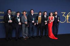 LOS ANGELES, CALIFORNIA - FEBRUARY 24: Benny Safdie, Cillian Murphy, Robert Downey Jr., Josh Hartnett, Alden Ehrenreich, Casey Affleck, Emily Blunt and Kenneth Branagh, winner of the Outstanding Performance by a Cast in a Motion Picture award for 'Oppenheimer' poses at the 30th Annual Screen Actors Guild Awards  at Shrine Auditorium and Expo Hall on February 24, 2024 in Los Angeles, California. (Photo by Steve Granitz/FilmMagic)