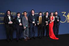 LOS ANGELES, CALIFORNIA - FEBRUARY 24: Benny Safdie, Cillian Murphy, Robert Downey Jr., Josh Hartnett, Alden Ehrenreich, Casey Affleck, Emily Blunt and Kenneth Branagh, winner of the Outstanding Performance by a Cast in a Motion Picture award for 'Oppenheimer' poses at the 30th Annual Screen Actors Guild Awards  at Shrine Auditorium and Expo Hall on February 24, 2024 in Los Angeles, California. (Photo by Steve Granitz/FilmMagic)