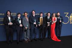 LOS ANGELES, CALIFORNIA - FEBRUARY 24: Benny Safdie, Cillian Murphy, Robert Downey Jr., Josh Hartnett, Alden Ehrenreich, Casey Affleck, Emily Blunt and Kenneth Branagh, winner of the Outstanding Performance by a Cast in a Motion Picture award for 'Oppenheimer' poses at the 30th Annual Screen Actors Guild Awards  at Shrine Auditorium and Expo Hall on February 24, 2024 in Los Angeles, California. (Photo by Steve Granitz/FilmMagic)
