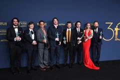 LOS ANGELES, CALIFORNIA - FEBRUARY 24: Benny Safdie, Cillian Murphy, Robert Downey Jr., Josh Hartnett, Alden Ehrenreich, Casey Affleck, Emily Blunt and Kenneth Branagh, winner of the Outstanding Performance by a Cast in a Motion Picture award for 'Oppenheimer' poses at the 30th Annual Screen Actors Guild Awards  at Shrine Auditorium and Expo Hall on February 24, 2024 in Los Angeles, California. (Photo by Steve Granitz/FilmMagic)