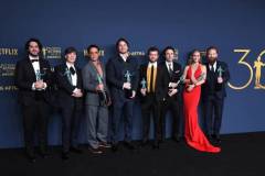 LOS ANGELES, CALIFORNIA - FEBRUARY 24: Benny Safdie, Cillian Murphy, Robert Downey Jr., Josh Hartnett, Alden Ehrenreich, Casey Affleck, Emily Blunt and Kenneth Branagh, winner of the Outstanding Performance by a Cast in a Motion Picture award for 'Oppenheimer' poses at the 30th Annual Screen Actors Guild Awards  at Shrine Auditorium and Expo Hall on February 24, 2024 in Los Angeles, California. (Photo by Steve Granitz/FilmMagic)