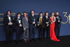 LOS ANGELES, CALIFORNIA - FEBRUARY 24: Benny Safdie, Cillian Murphy, Robert Downey Jr., Josh Hartnett, Alden Ehrenreich, Casey Affleck, Emily Blunt and Kenneth Branagh, winner of the Outstanding Performance by a Cast in a Motion Picture award for 'Oppenheimer' poses at the 30th Annual Screen Actors Guild Awards  at Shrine Auditorium and Expo Hall on February 24, 2024 in Los Angeles, California. (Photo by Steve Granitz/FilmMagic)