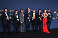LOS ANGELES, CALIFORNIA - FEBRUARY 24: Benny Safdie, Cillian Murphy, Robert Downey Jr., Josh Hartnett, Alden Ehrenreich, Casey Affleck, Emily Blunt and Kenneth Branagh, winner of the Outstanding Performance by a Cast in a Motion Picture award for 'Oppenheimer' poses at the 30th Annual Screen Actors Guild Awards  at Shrine Auditorium and Expo Hall on February 24, 2024 in Los Angeles, California. (Photo by Steve Granitz/FilmMagic)