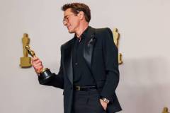 Hollywood, CA - March 10: Robert Downey Jr. winner of the Best Actor in a Supporting Role award for "Oppenheimer," in the deadline room at the 96th Annual Academy Awards at the Dolby Theatre at Hollywood & Highland Center in Hollywood, CA, Sunday, March 10, 2024. (Dania Maxwell / Los Angeles Times via Getty Images)