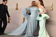 Robert Downey Jr., winner of the Best Actor in a Supporting Role award for "Oppenheimer", Da'Vine Joy Randolph, winner of the Best Supporting Actress award for "The Holdovers", and Emma Stone, winner of the Best Actress in a Leading Role award for "Poor Things" at the 96th Annual Oscars held at Dolby Theatre on March 10, 2024 in Los Angeles, California. (Photo by Gilbert Flores/Variety via Getty Images)