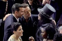 HOLLYWOOD, CALIFORNIA - MARCH 10: (L-R) Bradley Cooper, Robert Downey Jr., and Slash in the audience during the 96th Annual Academy Awards at Dolby Theatre on March 10, 2024 in Hollywood, California. (Photo by Kevin Winter/Getty Images)