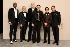 HOLLYWOOD, CALIFORNIA - MARCH 10: (L-R) Mahershala Ali, Christoph Waltz, Tim Robbins, Robert Downey Jr., winner of the Best Actor in a Supporting Role award for ?Oppenheimer?, Ke Huy Quan, and Sam Rockwell pose in the press room during the 96th Annual Academy Awards at Ovation Hollywood on March 10, 2024 in Hollywood, California. (Photo by Arturo Holmes/Getty Images)